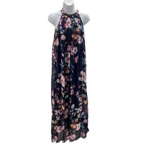 Bellambra Maxi Dress M Made in Italy Silk Blend Navy Blue Floral Halter Lined
